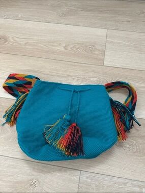 Teal Woven Crossbody Bag with Multicolor Strap